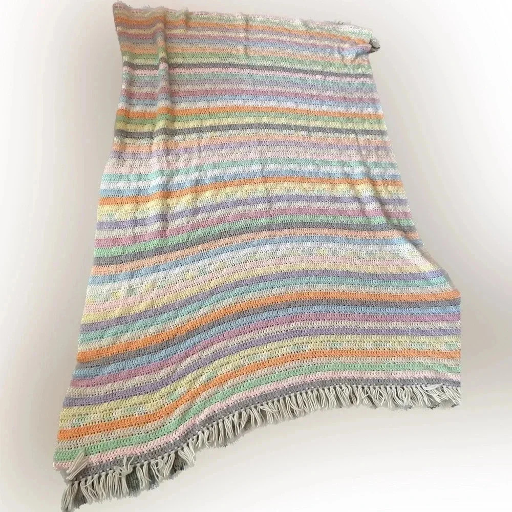 Vintage Homemade Granny Pastel Crochet Rainbow Blanket Large Oversized Throw 5x6